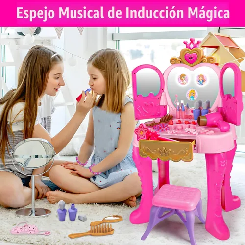 Miniatura 5 de Juego de maquillaje mágico para niños pequeños, mesa y silla, espejo automático con música, color rosa claro, juguetes para niñas de 3, 4, 5 años