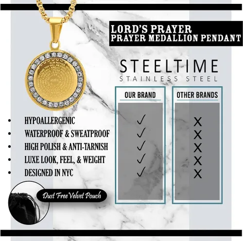 Miniatura 4 de Steeltime Stainless Steel Lords Prayer Necklace with Simulated Diamonds