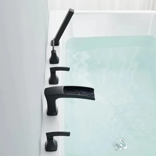 Miniatura 5 de Grifo de bañera romana, grifo de bañera en cascada, grifo de bañera negro de montaje en cubierta, 5 agujeros, grifos de baño de latón con ducha
