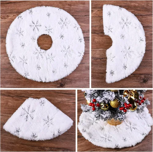 Miniatura 4 de URATOT Paquete de 2 minifaldas de árbol de Navidad de 15 pulgadas, color blanco con tapete de árbol de copo de nieve plateado, falda de árbol