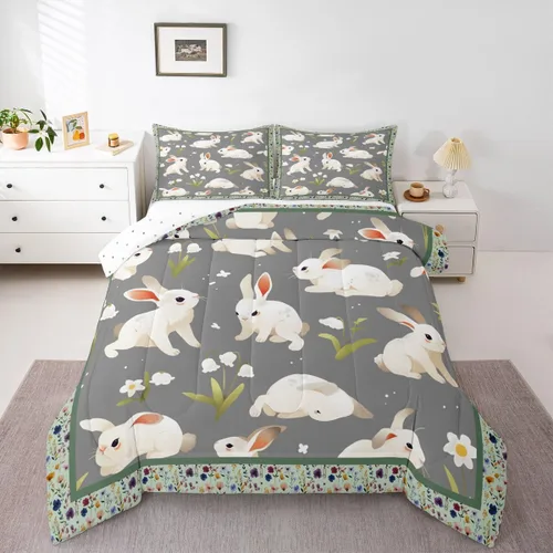 Miniatura 4 de Feelyou Juego de ropa de cama de conejo para niños, tamaño individual, juego de edredón de conejo para niñas y mujeres, edredón de plumón verde