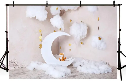 Miniatura 3 de MEHOFOND Telón de fondo de fotografía de luna dorada para niños, pared gris, nube blanca, perro, recién nacido, bebé, sesión de fotos, telón