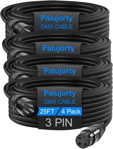 Paquete de 4 cables DMX de 25 pies, cable DMX de 3 pines en espiral Palujorty para accesorios de iluminación de DJ
