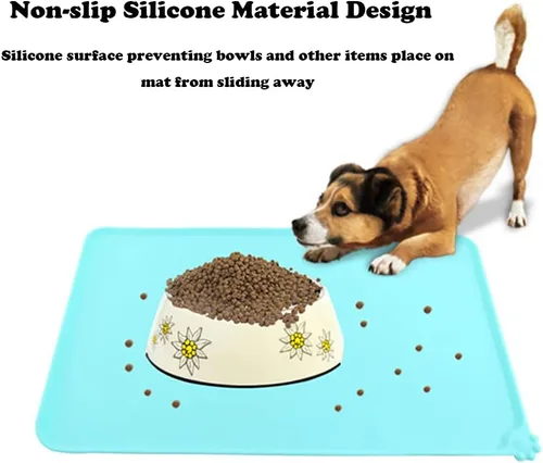 Miniatura 2 de Tapete de silicona para alimentación de mascotas, impermeable, para perros y gatos, bordes elevados para evitar derrames, bandeja individual Azul
