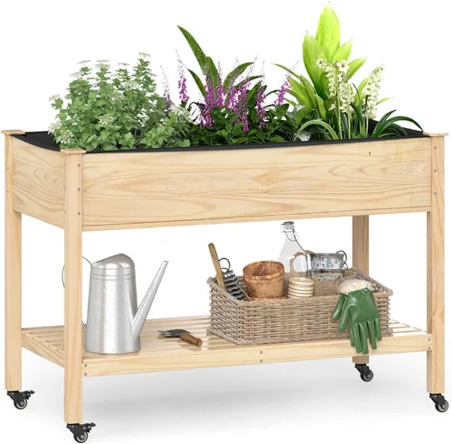 Giantex Cama de jardín elevada móvil, maceta de madera con ruedas, estante de almacenamiento y forro, cama elevada enrollable de 47 x 23 x 33