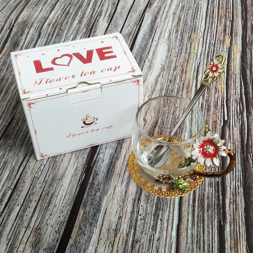 Miniatura 7 de Set de taza de té JY-Danbady de cristal esmaltado con girasol, sin plomo con cucharita, regalo para Navidad, día de San Valentín. El mejor regalo