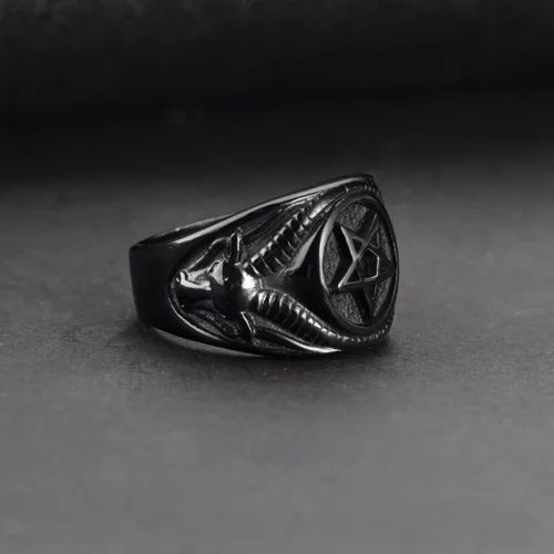 Miniatura 4 de Anillo de calavera para hombre, acero inoxidable, pentagrama, Wicca, gótico, bautismo, talla 7-13