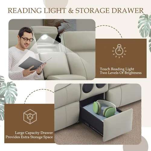 Miniatura 4 de Sofá biplaza reclinable eléctrico con luz de lectura LED, cajón de almacenamiento, altavoces Bluetooth, sofá reclinable de pared con enchufes
