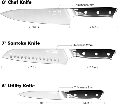 Miniatura 5 de Topfeel Juego de cuchillos de chef profesional, cuchillo afilado, juego de cuchillos de cocina alemanes de acero inoxidable de alto carbono, 3