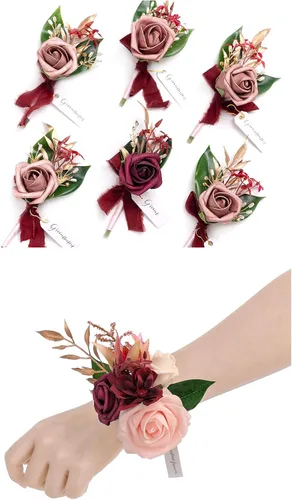 Miniatura 8 de Ling's Moment Paquetes de flores de boda prearreglados en azul polvoriento y azul marino, paquete de boutonnieres y ramilletes de muñeca