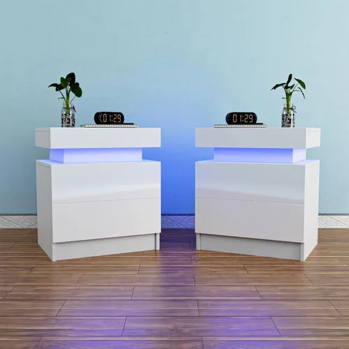Miniatura 10 de HOMMPA Mesita de noche LED, mesita de noche blanca con luces LED, moderna mesita de noche con 2 cajones de alto brillo, mesita de noche inteligente