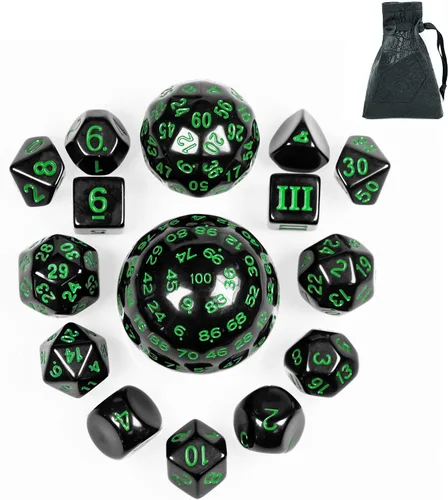 Miniatura 15 de Juego completo de 15 dados poliédricos DND D3-D100 con bolsa de dados de ojo de dragón, dados D100 para juegos de mesa RPG (negro con números azules)
