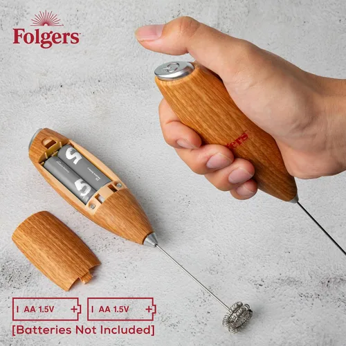 Miniatura 6 de Folgers Espumador eléctrico de leche para café, mezclador de bebidas de mano con batidor y soporte de acero inoxidable, acabado de grano de madera
