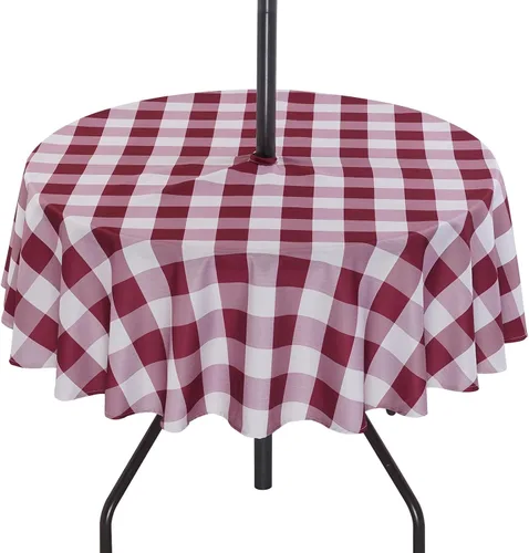 SquarePie Mantel redondo de 60 pulgadas para exteriores con agujero para sombrilla y cremallera, mantel de poliéster a cuadros lavable a prueba de