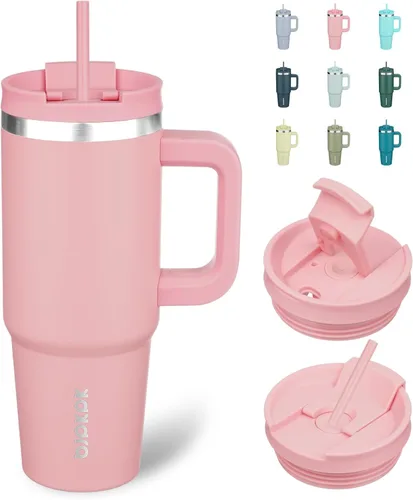 Miniatura 26 de BJPKPK - Vasos con aislamiento térmico, con asa y pajilla, vasos térmicos de acero inoxidable de 40 onzas con tapa, color rosado claro Rosa claro