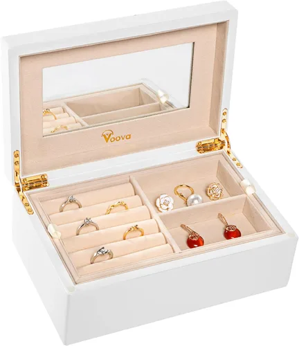 Voova Joyero organizador de madera para mujeres y adolescentes y niñas, estuche de joyería de madera de pintura de piano de lujo con espejo, cajas