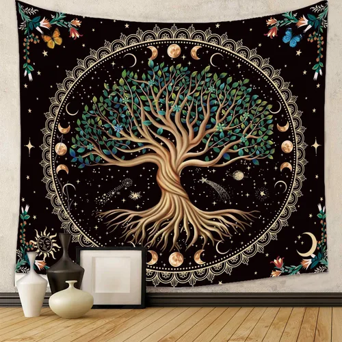 Miniatura 4 de Tapiz de árbol de la vida de fase lunar, naturaleza, flores, plantas, mariposas, tapices bohemios, mandala espiritual, tapiz estético para colgar