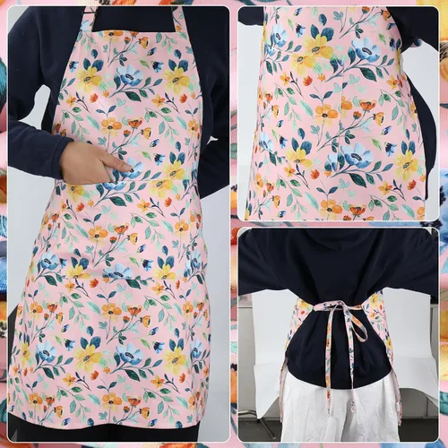 Miniatura 6 de Paquete de 2 delantales de acuarela con flores silvestres para mujer, delantales de cocina ajustables con 2 bolsillos, delantales de chef