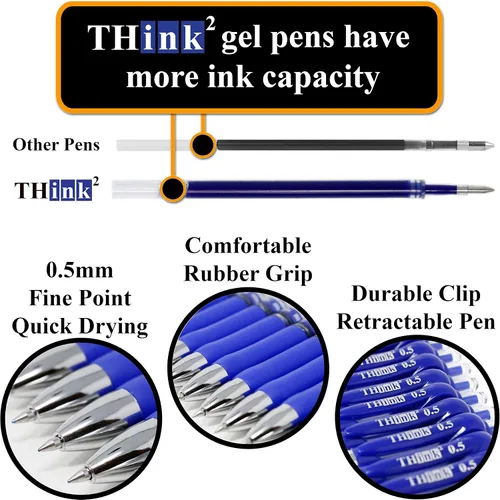 Miniatura 4 de [24 Bolígrafos - Tinta Azul] Bolígrafos de Gel Retráctiles Think2. (24 Azul) Punta Fina (0.5mm) Bolígrafos Tipo Roller con Agarre Cómodo.