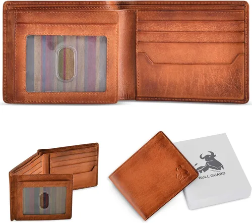 Miniatura 3 de Carteras plegables con bloqueo RFID para hombres con 2 ventanas de identificación cartera de cuero de grano completo de gran capacidad Marrón Rustic