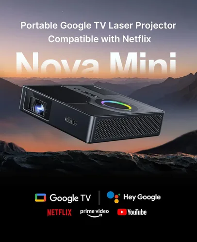 Miniatura 2 de NexiGo Nova Mini, proyector láser portátil, Google TV con Netflix, 1080p FHD, 1200 lúmenes, contraste 15000:1 con SAE, 3D, configuración automática