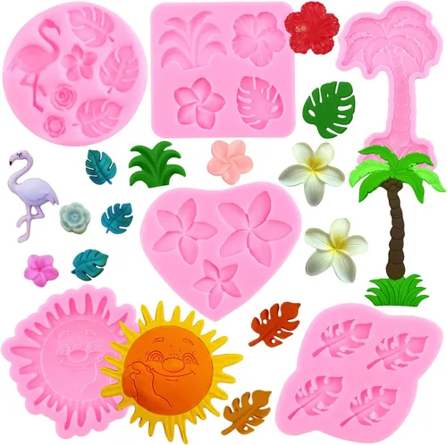 Molde de silicona de flamenco de hojas tropicales, hibisco, plumeria, flores, hojas de Monstera, moldes para fondant, árbol de coco hawaiano, moldes