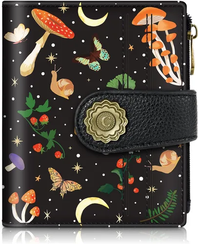 Miniatura 10 de Chelmon Cartera pequeña gótica para mujer, con bloqueo RFID, de piel sintética, plegable, para tarjetas de crédito, con ventana de identificación