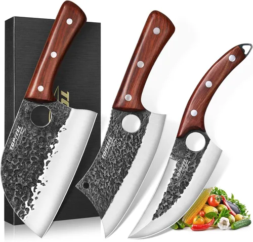 Topfeel Juego de cuchillos de carnicero de 3 piezas, cuchillos de chef serbios forjados a mano y cuchilla de carnicero y cuchillos vikingos, juego