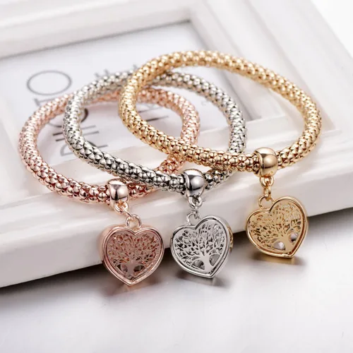 Miniatura 6 de 3 pulseras de cadena de palomitas de maíz de oroplataoro rosa - dije de edición de corazón con pulsera elástica de cristal para mujeres y niñas