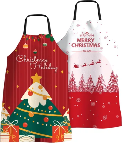 Miniatura 8 de Paquete de 2 divertidos delantales de cocina de Navidad para mujeres y hombres, delantales de chef ajustables para cocinar, delantales impermeables