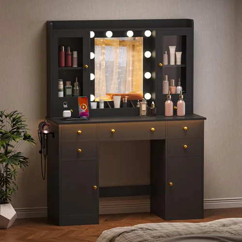 Miniatura 3 de HUANLEGO - Escritorio negro con espejo y luces para niñas y mujeres Makeup Vanity Mirror with Lights, LED RGB Lights Strip, Power Outlet, 7