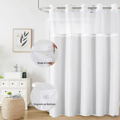 Miniatura 3 de QiyI Cortina de ducha de flores con forro a presión, cortina de baño de tela floral de acuarela azul beige, cortinas de ducha sin gancho con ventana