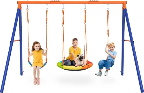 Amictoy Juegos de columpios para patio trasero, juguetes al aire libre para niños, juego de columpio de metal resistente con marco en A con Columpio