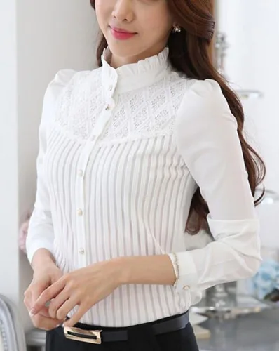 Miniatura 5 de Blusa estilo vintage con manga larga de encaje elástico con cuello de botón para mujer