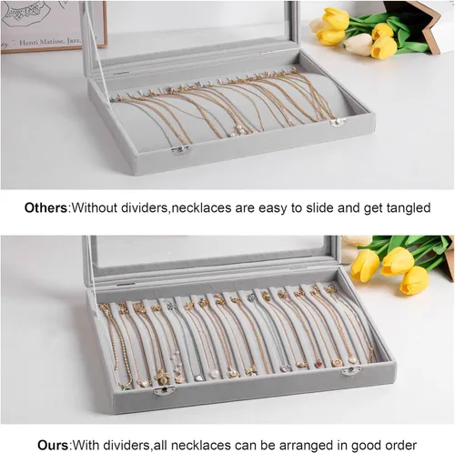 Miniatura 4 de Frebeauty Bandeja de collares de terciopelo con tapa transparente con cerradura para collares, caja organizadora de joyas para colgantes, cadenas