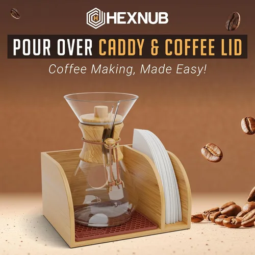 Miniatura 2 de HEXNUB Organizador y tapa para cafetera, soporte de bambú para jarras Chemex, Bodum, Cosori, tapete resistente al calor, soporte de filtro