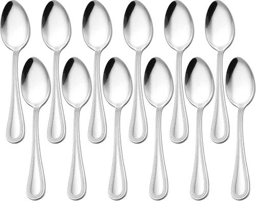 E-far Juego de 12 cucharaditas de acero inoxidable con borde perlado de 6.7 pulgadas, cucharas de té de postre pequeñas para el hogar, cocina y