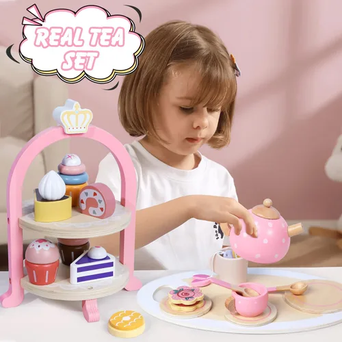 Miniatura 5 de Juego de fiesta de té de madera para niñas pequeñas, regalos para niñas pequeñas, juguetes de la hora del té de princesa, juego de té de madera