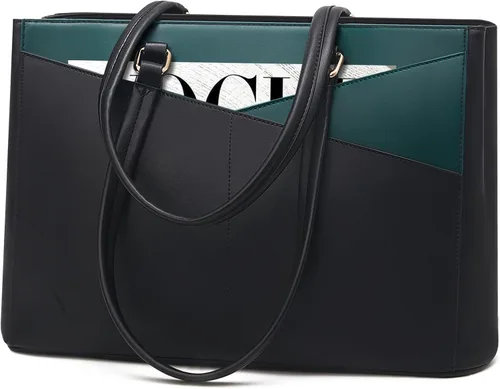 Miniatura 45 de LOVEVOOK Bolsa de mano para computadora portátil para mujer, bolsas de trabajo de cuero de 15.6 pulgadas con soporte grande para tazas para Negro