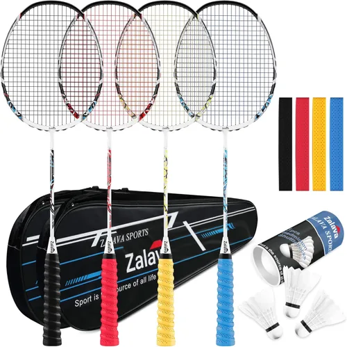 Miniatura 9 de Juego de raquetas de bádminton profesionales, ligeras, 4 unidades de fibra de carbono, 3 volantes de plumas, 2 fundas protectoras, 4 sobreagarres