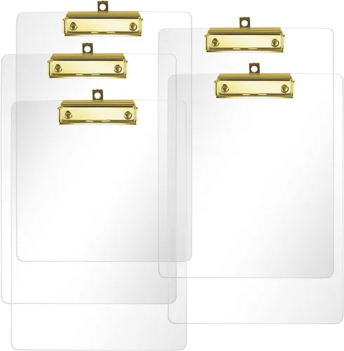 Miniatura 11 de Moocci Portapapeles transparentes de acrílico grueso, bonito portapapeles transparente con clip dorado fuerte agujero oculto para colgar papel A4