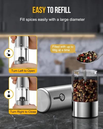 Miniatura 5 de [Gran capacidad mejorada de 2.33 oz] Juego de 2 molinillo eléctrico de sal y pimienta, recargable con 6 niveles de grosor ajustable, salero