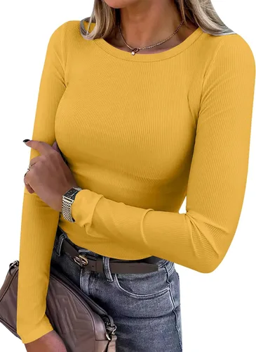 Miniatura 19 de ANRABESS - Camisetas de manga larga para mujer, de punto acanalado, ajustadas, básicas, 2025, informales, para usar a capas o debajo del uniforme