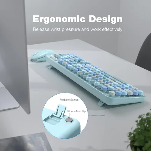 Miniatura 6 de KNOWSQT Combo de teclado y ratón inalámbrico, teclados lindos de tamaño completo estilo máquina de escribir 2.4G azul colorido - receptor USB Plug