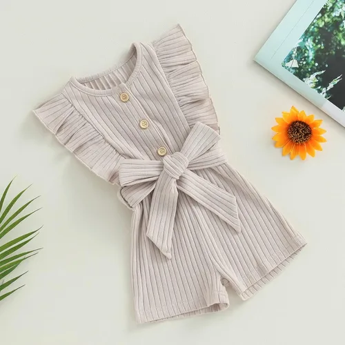 Miniatura 3 de AEEMCEM Mameluco corto para bebé niña con volantes, sin mangas, con botones, cinturón, traje de verano