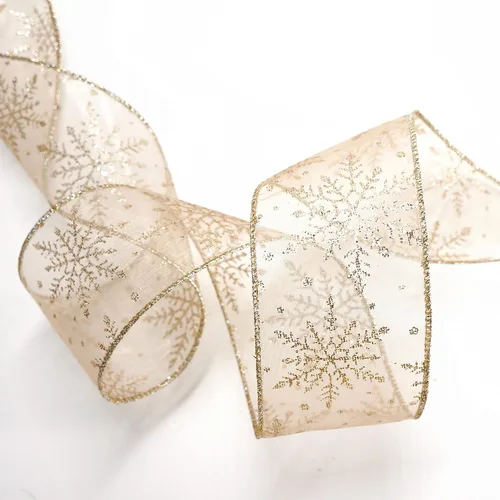 Miniatura 5 de Cinta con alambre de organza con copos de nieve dorados de champán para decoración navideña del hogar, lazo para la parte superior del árbol