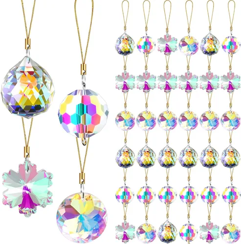 XunYee 36 Piezas Bolas de Navidad de Cristal de Vidrio Adornos, 1.18" Mini Prismas de Cristal Colgantes Decoraciones de Árbol de Navidad Colgantes