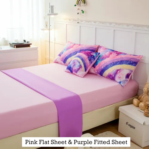 Miniatura 5 de ANGIYUIN Juego de ropa de cama de 6 piezas rosa tamaño completo en una bolsa para niñas, juego de edredón 3D de color arcoíris con ataduras, ropa