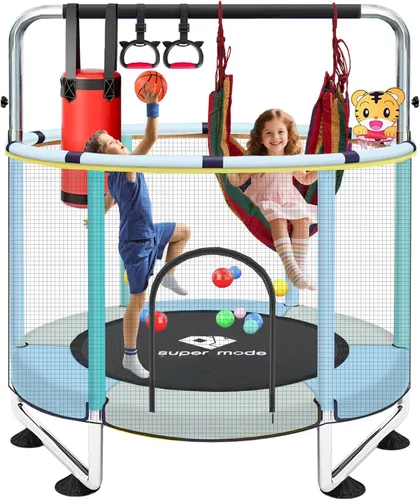 Trampolín de 55 pulgadas para interiores y exteriores para niños con recinto, trampolín para niños pequeños con barra de gimnasia ajustable y
