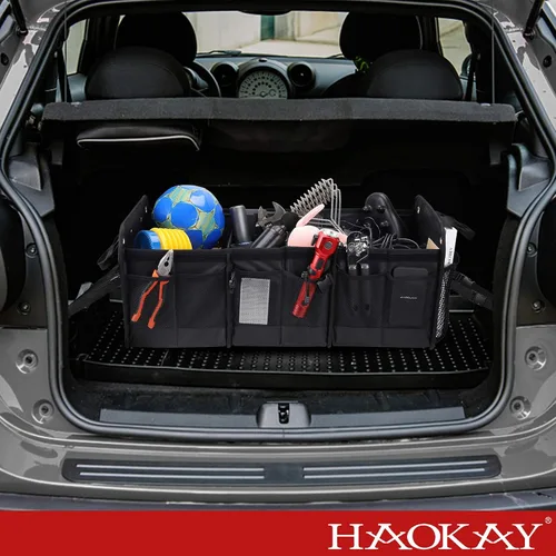 Miniatura 6 de HAOKAY Organizador de maletero de automóvil con tapa, resistente, extra grande, color negro, Oxford, multicompartimentos, plegable, para SUV